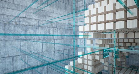Plakat Abstract architectural wood and glass interior from an array of cubes with large windows. 3D illustration and rendering.
