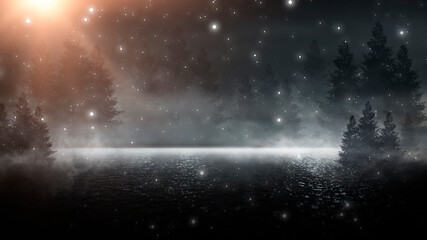 Dark forest. Gloomy dark scene with trees, big moon, moonlight. Smoke, shadow. Abstract dark, cold street background. Night view.