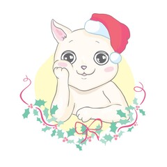 Funny cat in a Christmas hat and scarf. Vector illustration for card or poster, print on clothes. New Year's and Christmas.