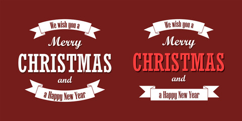 Christmas text, white ribbon set. Merry Christmas and Happy New Year wishes isolated red background. Design for banner, label, holiday message, postcard. Retro vintage decoration. Vector illustration