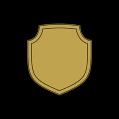 Shield shape gold icon. Simple flat logo on black background. Symbol of security, protection, safety, strong. Element badge for protect design emblem decoration Vector illustration