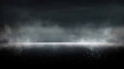 Wet asphalt, reflection of neon lights, a searchlight, smoke. Abstract light in a dark empty street with smoke, smog. Dark background scene of empty street, night view, night city.