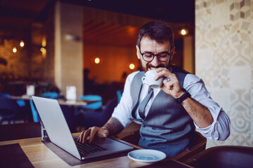 Satisfied caucasian handsome bearded businessman in suit sitting in cafe, drinking coffee and looking at laptop.