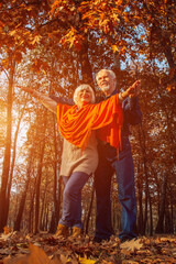 Close up portrait of a happy old woman and man in a park in autumn foliage.