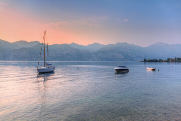 Beautful coastline of Garda lake at sunset, northern Italy