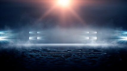 Fototapeta premium Wet asphalt, reflection of neon lights, a searchlight, smoke. Abstract light in a dark empty street with smoke, smog. Dark background scene of empty street, night view, night city.