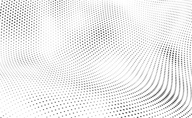 Halftone texture is black and white. Background of dots of chaotic waves. Abstract pop art template. Vector pattern for printing on posters, labels, fabric