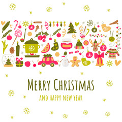 Green and red cartoon vertical Christmas and New Year design with Christmas symbols and objects. Fun and happy holiday mood. Vector square illustration for banner, background, postcard, card, cover.
