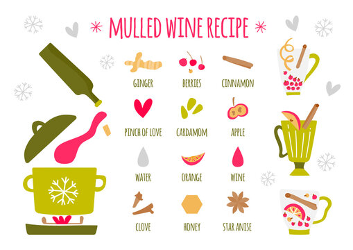 Vector illustration of ingredients for mulled wine on a dark background. Recipe with hand draw illustrations. Signatures and spices icons. Vector illustration for banner, postcard, article.
