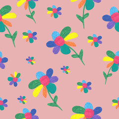seamless pattern children drawing multicolored flowers summer spring texture watercolor pink background print art creativity decoration design textile packaging