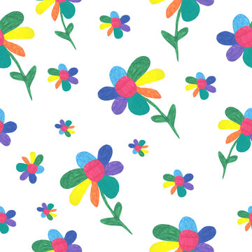 seamless pattern children drawing flowers meadow colorful Sunny summer Wallpaper textile white background red yellow green blue print art design interior decoration packaging paper paint marker wall s