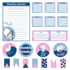 Set of weekly and daily planner page with mice.