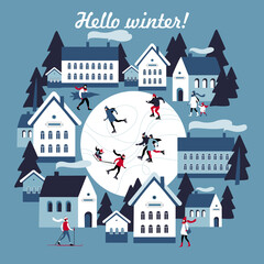 Winter greeting card with Public & Leisure Skating in a small snowy town. Vector illustration.