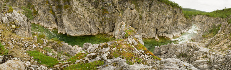 Mountain river and trees landscape natural environment. Hiking in the north Norway of Europe.