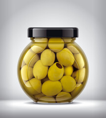 Glass Jar with Olives on Background. 