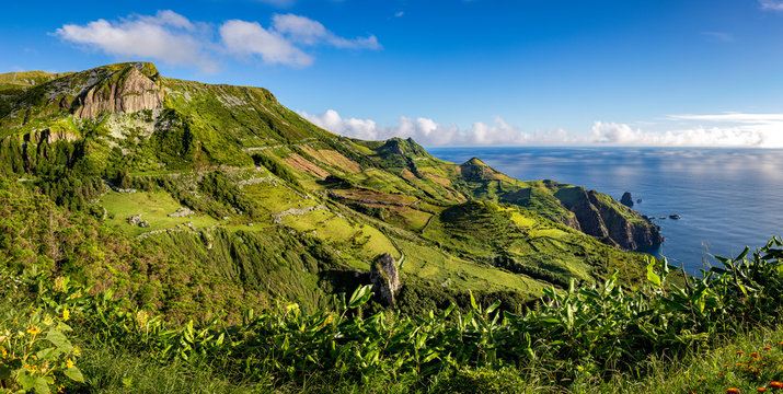 Panoramic view of basalt cliffs of Rocha dos Bordoes on Flores island, Azores, Portugal