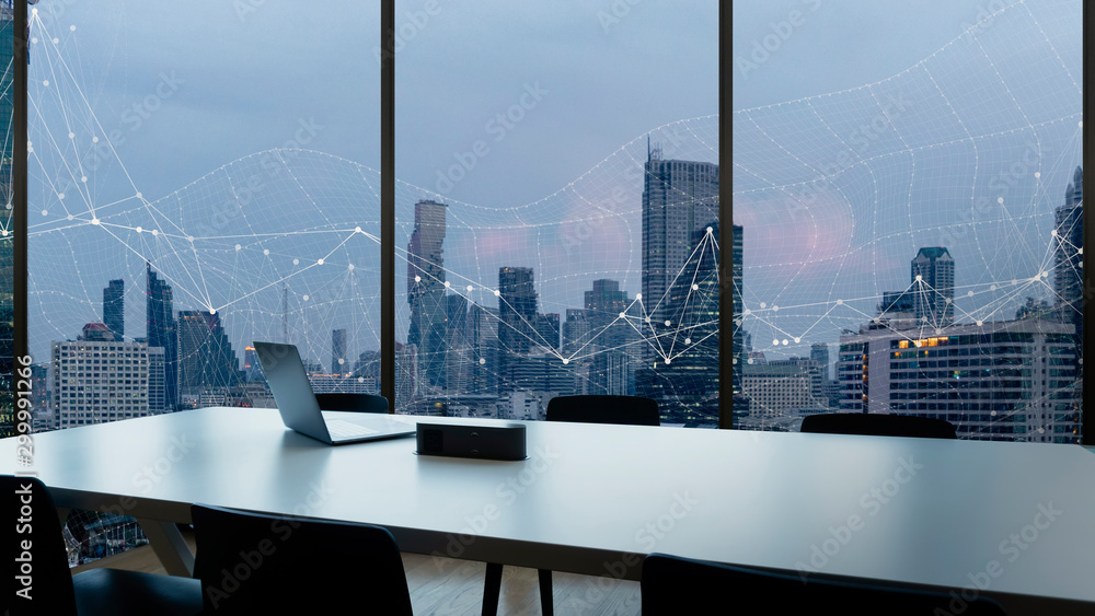 Aufkleber meeting room and workplace with notebook laptop comfortable work table in office windows and bangkok