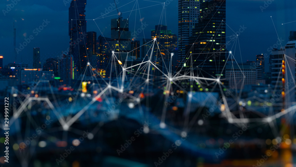 Poster Wireless network and Connection technology concept with Abstract buildings and city background
