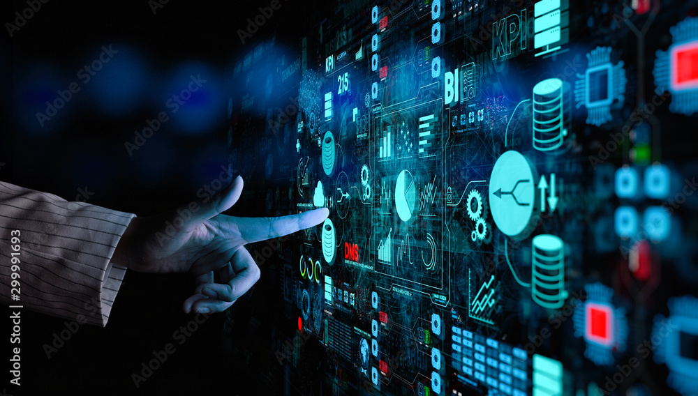 Poster Business data analytics process management with businesswoman hand touching connected gear cogs with KPI financial charts and graph and automated marketing dashboard.