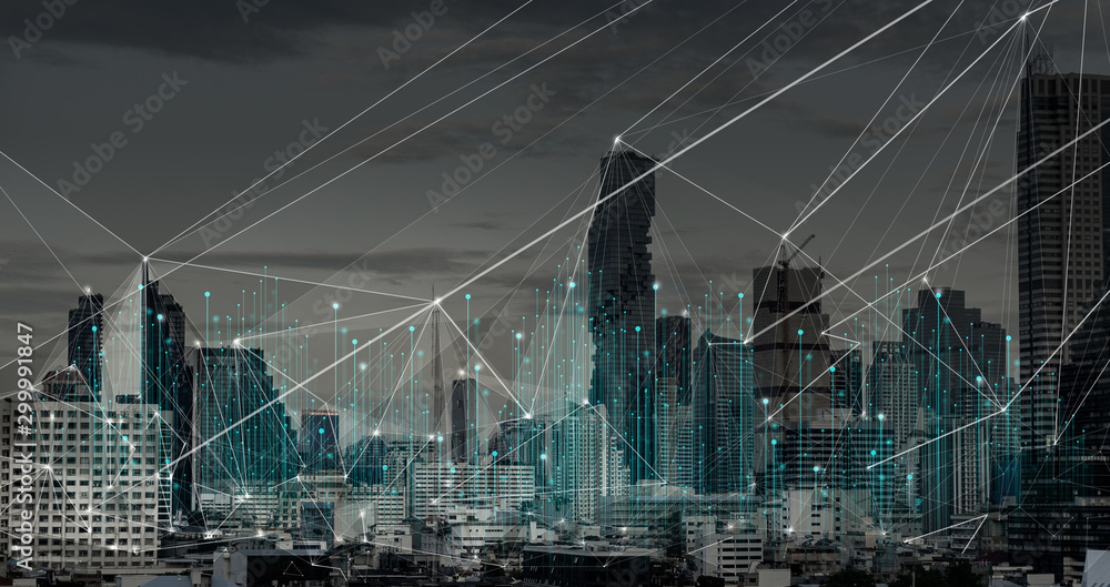 Leinwandbilder wireless network and connection technology concept covering on abstract building city.
