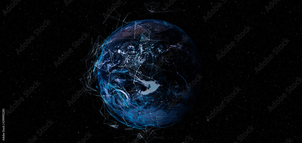 Aufkleber Communication technology for internet business. Global world network and telecommunication on earth cryptocurrency and blockchain and IoT. Elements of this image furnished by NASA