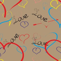 Seamless pattern with colored hearts and the inscription love. Hand drawn vector illustration background.