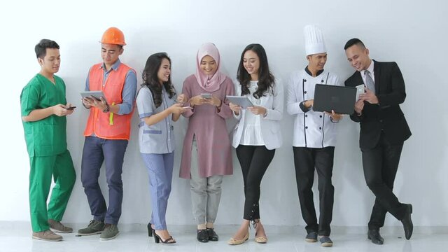 Portrait of various professions and occupation enjoying modern technology them self