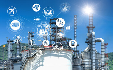 Double exposure of oil refinery industry and icon connecting networking for information and using...