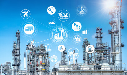 Double exposure of oil refinery industry and icon connecting networking for information and using modern  technology, Industrail 4.0 concept.