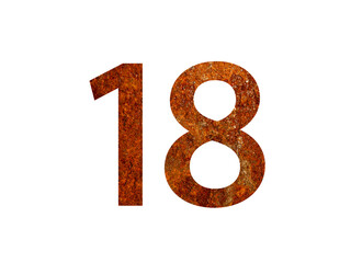 Old rusted metal number 18 isolated on white 