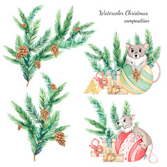 Watercolor Christmas green fiir branches composition and cute mouse. Design happy New Year illustration for greeting cards, banners, frames, invitations templates and traditional calendars.