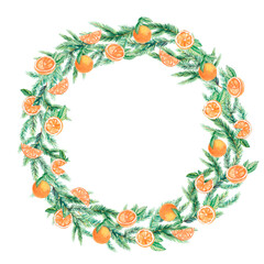 Fototapeta na wymiar Watercolor Christmas wreath with green fir branches and orange fruit. Design illustration for greeting cards, frames, invitations templates.