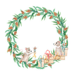 Watercolor Christmas wreath with green fir branches, fir cones and mouse. Design happy new year 2020 illustration for greeting cards, frames, invitations.