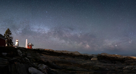 Naklejka na ściany i meble Panorama of Lighthouse with Milky Way and Stars