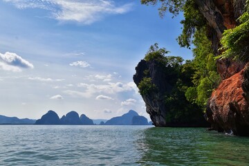 Island, Ocean views near Phuket Thailand with Blues, Turquoise and Greens oceans, mountains, boats,...
