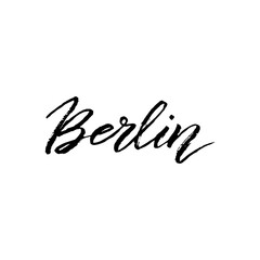 Berlin city logo text. Trendy lettering typography font. Brush calligraphy design. Print for postcard, sticker, t-shirt, travel website. Vector eps 10.