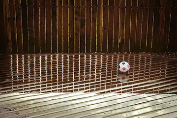 Soccer Ball at rest in the rain