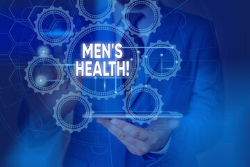 Conceptual hand writing showing Men S Health. Concept meaning state of complete physical mental and social well being by analysis Picture photo network scheme with modern smart device