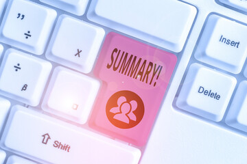 Writing note showing Summary. Business concept for brief statement or account of main points of...