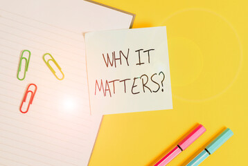 Word writing text Why It Matters Question. Business photo showcasing most important thing to be done when involved in situation Empty blue paper with copy space paper clips and pencils on the yellow