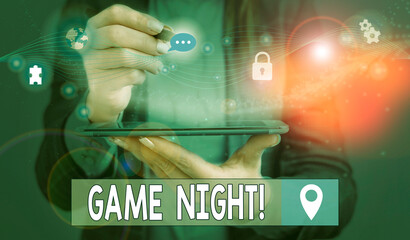 Word writing text Game Night. Business photo showcasing usually its called on adult play dates like...