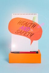 Word writing text Health And Safety question. Business photo showcasing regulations and procedures intended to prevent accident Notepad box speech bubble arrow banners ballpoint cool pastel background