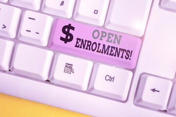 Conceptual hand writing showing Open Enrolments. Concept meaning when employees may make changes to...