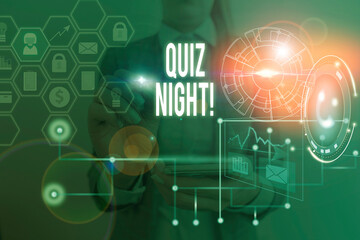 Word writing text Quiz Night. Business photo showcasing evening test knowledge competition between individuals Picture photo system network scheme modern technology smart device