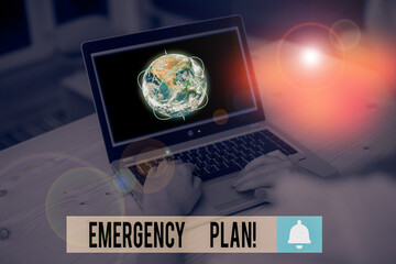 Writing note showing Emergency Plan. Business concept for actions developed to mitigate damage of potential events Picture photo network scheme with modern smart device and Elements of this image