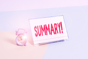 Word writing text Summary. Business photo showcasing brief statement or account of main points of...