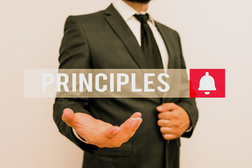 Word writing text Principles. Business photo showcasing fundamental truth that serves as the base for a system of belief Male human with beard wear formal working suit clothes raising one hand up