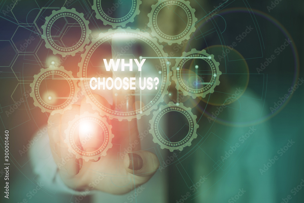Poster word writing text why choose us question. business photo showcasing list of advantages and disadvant