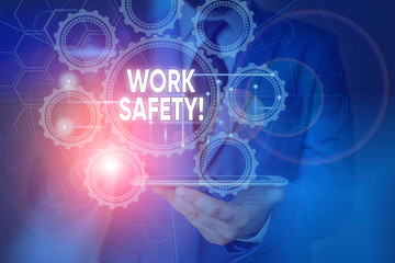 Conceptual hand writing showing Work Safety. Concept meaning policies and procedures in place to ensure health of employees Picture photo network scheme with modern smart device