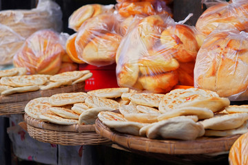 Traditional Tibetan bread exposed in a local market in Lhasa, Tibet.